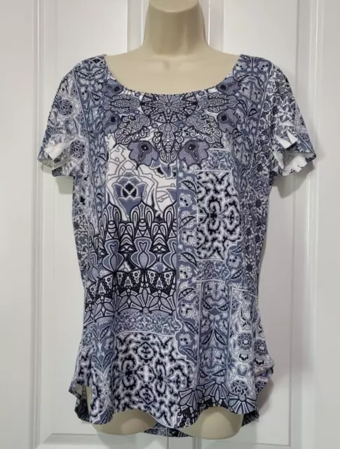 Style & Co Short Sleeve Top Size Medium High Low Embellished Blue and White