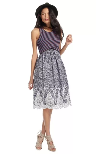 Thakoon Womens's 6 Striped Cross Front Print Lace Knit Trim Combo Dress $1800