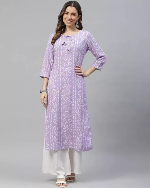 Indian Women Lavender & White Bandhani Printed Gotta Patti Kurta Kurti Dress
