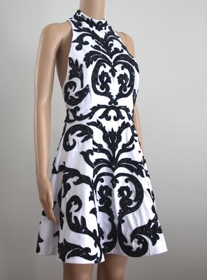 Alice + Olivia White Black Sequin Short Party Prom Full Skirt Skater Dress S 2