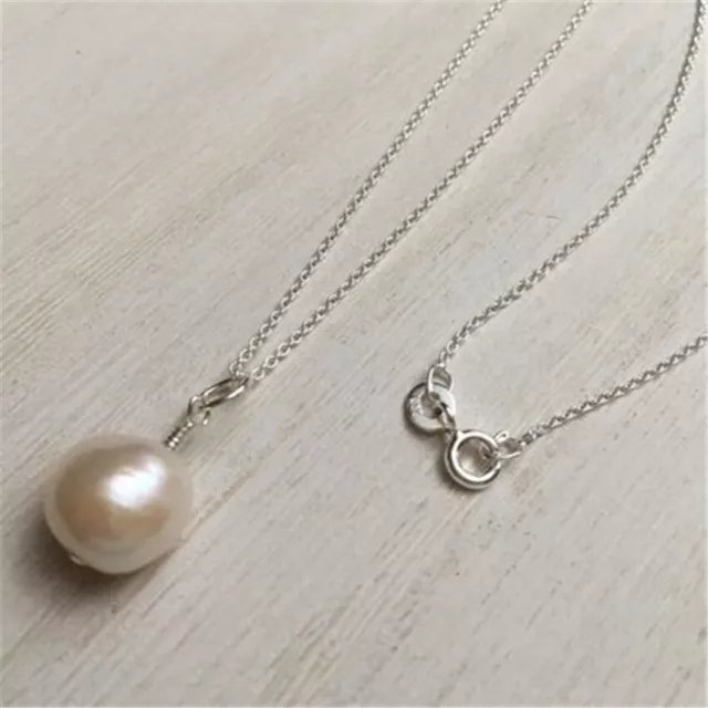 11-12mm White Baroque Pearl Pendant Necklace Silver Craft Keychain Jewelry