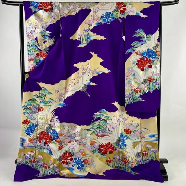 Japanese Kimono Furisode Long Sleeves Ladies Woven Silk 100% Gold Silver 180Cm