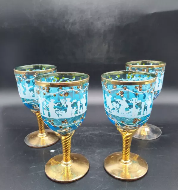 Vintage Set/4 Venetian Glass Wine Glasses Hand Painted Enamel Italy 5.5" Blue