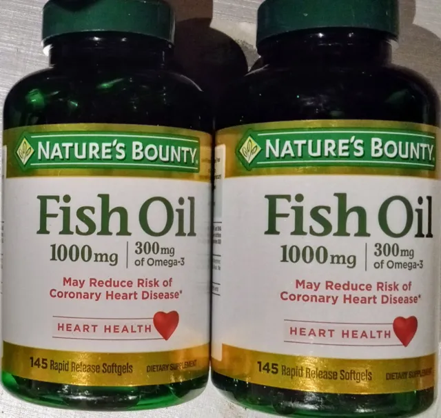 2 NATURES BOUNTY FISH OIL 1000mg 300mg OMEGA-3 SUPPLEMENT 145 X2 290 COATED GEL
