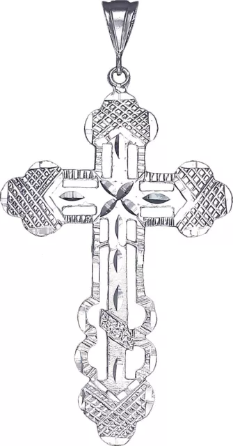 Large Sterling Silver Cross without Jesus Pendant Necklace with Diamond Cuts