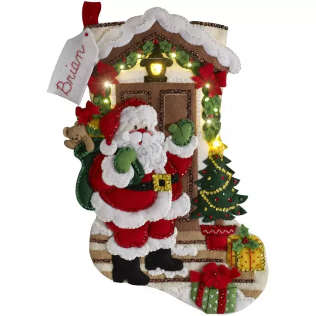 Bucilla Felt Applique Christmas Stocking Kit WITH LED Lights SANTA IS HERE 18"