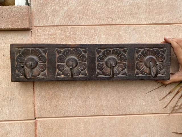 Vintage Hanger Hook Old Wooden Hand Carved Floral Wall Cloth Hanger Panel