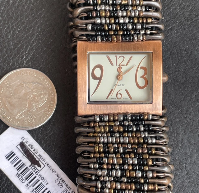 Charming Charlie NEW WITH TAGS Safety Pin Watch Rose Gold Tone Stretch Bracelet