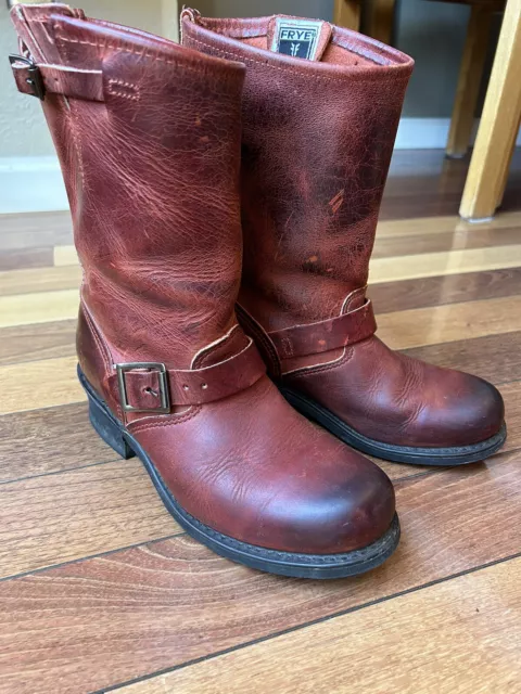 Vintage Frye USA Moto Biker Engineer RED Leather BUCKLE Boots Ladies size 8