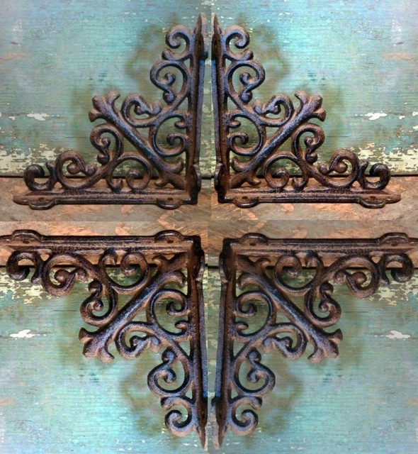 4: Ornate Farmhouse Shelf Braces Wall Brackets Cast Iron Metal Corbels New 10"