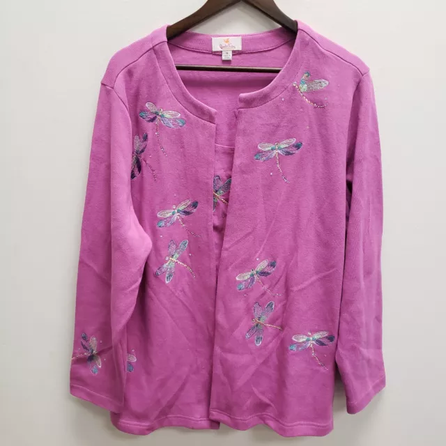 Quacker Factory Womens Cardigan Top Size 1X Purple Dragon Fly Scoop Neck Layers