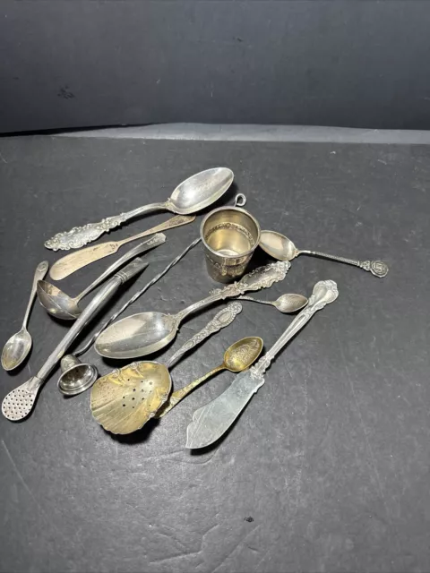Lot Of 13 Scrap Sterling Silver Items Forks Spoons Jigger 389g Scrap Or Keep