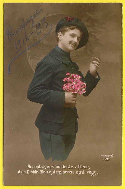 cpa Fantaisie Militaire Guerre 1914-1915 Soldat DIABLE BLEU Chasseur Alpin Fleur
