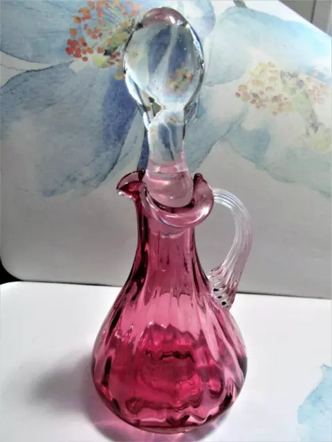 Vintage Cranberry / Clear Glass Small Handled Jug W/Stopper 7" Kt8671B