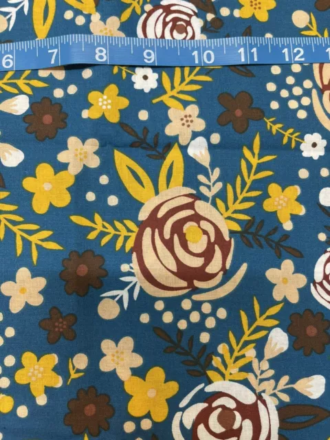 Teal, Brown & Gold Modern Floral Print Cotton Fabric - FQ Fat Or Continuous Cut