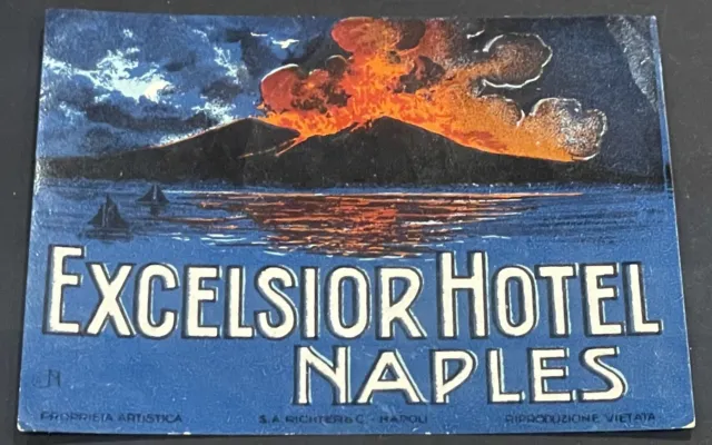 1920's-30's Excelsior Hotel Naples Italy Richter Luggage Label Vintage ￼Volcano