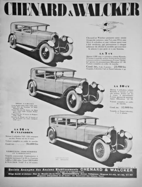 Publicité De Presse 1927 Chenard & Walcker La 7 Cv La 10 Et La 16 Cv 6 Cylindres