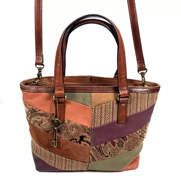 Fossil Maddox Patchwork Crossbody Bag Brown Leather Shoulder Satchel Purse 1954