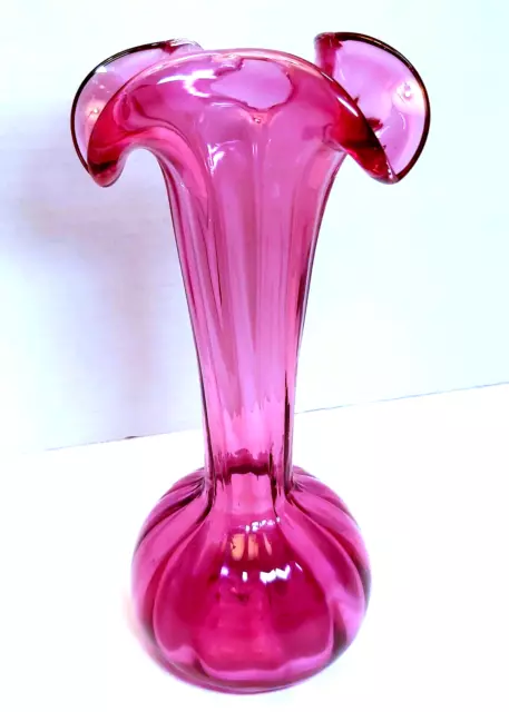 Rossi Glass Cranberry Art Glass Vase Ruffled Edge Stretch Ribbed Neck Bulb Base