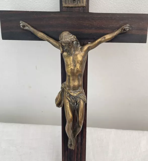 8” Antique French Cross Crucifix Wood Wall Christ Solid Brass A+++