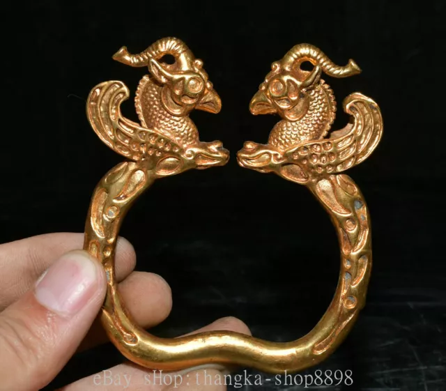 4" Rare Old Chinese Copper 24K Gold Gilt Dynasty Palace Phoenix Birds bracelet