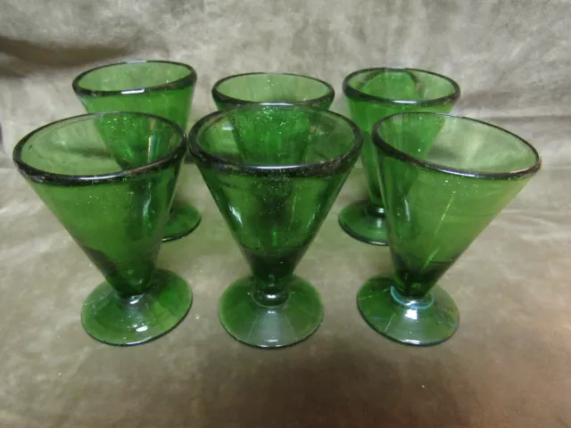 1960's Made in Mexico Hand Blown Green Colored Glass Juice or Small Wine Stems