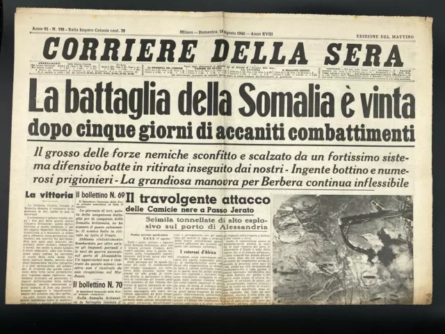 CORRIERE DELLA SERA quotidiano originale 1940 Battaglia Somalia II Guerra WWII