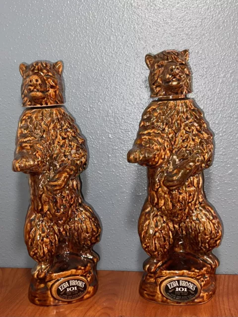 2 Vintage Ezra Brooks Standing Gold Bear Whiskey Decanter (Empty) - 1968🐻