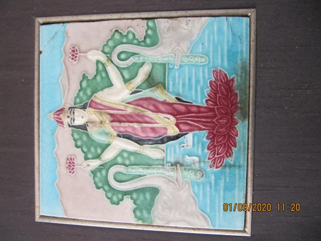 Japanese export majolica tile of Hindu deity Saraswati