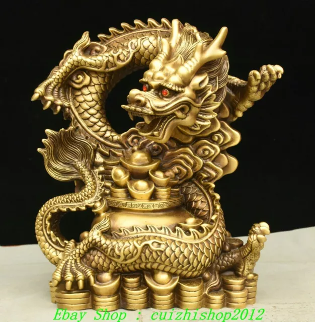 13" Old China Brass Copper Feng Shui Zodiac Wealth Dragon Coin Yuanbao Statue