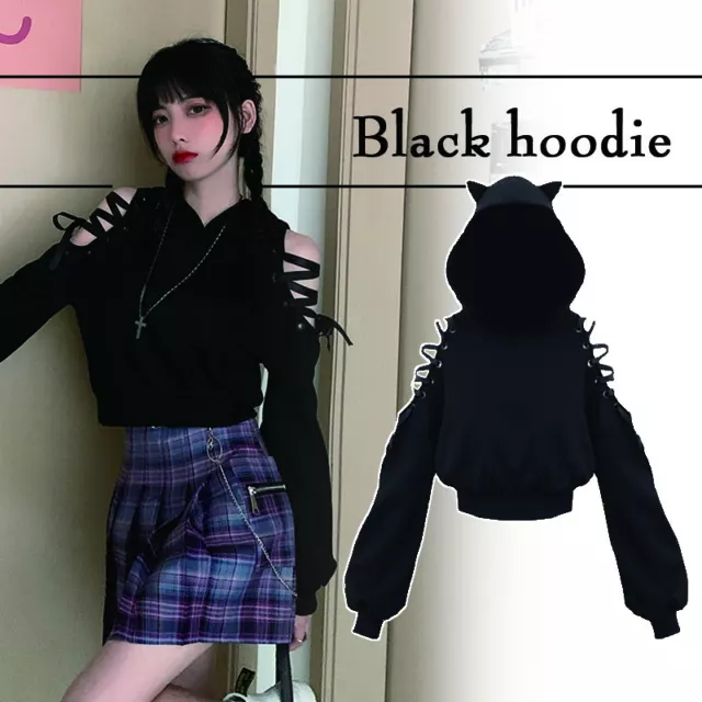 Kawaii Clothing Gothic Punk Cat Hoodie Black Sweatshirt Harajuku Ulzzang  Lace Up