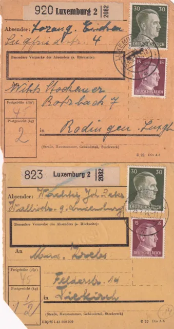 1944 2 Paketkarten jeweils 45 Pf Porto nach Diekirch bzw Rodingen