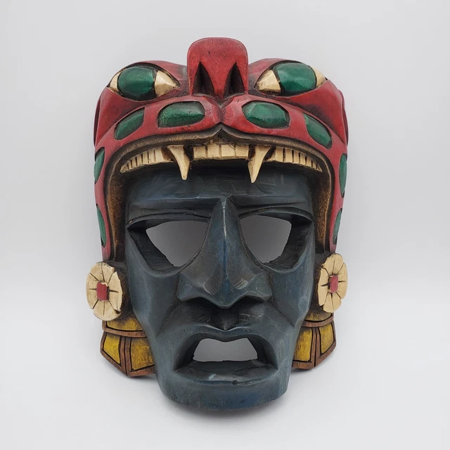 Hand Carved Wooden Colored Mayan Mexican Decorative Mask Unmarked 8" Tall