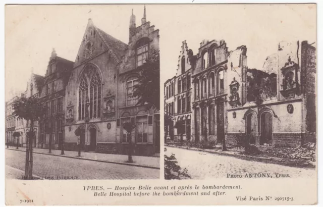 Postcard WWI YPRES Belle Hospital, During and After the Bombardment BELGIUM