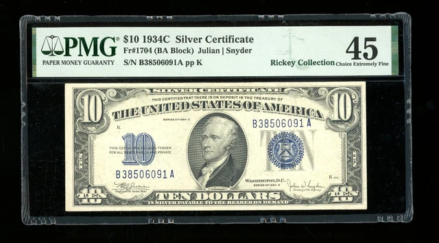 DBR 1934-C $10 Silver Fr. 1704 PMG 45 Serial B38506091A