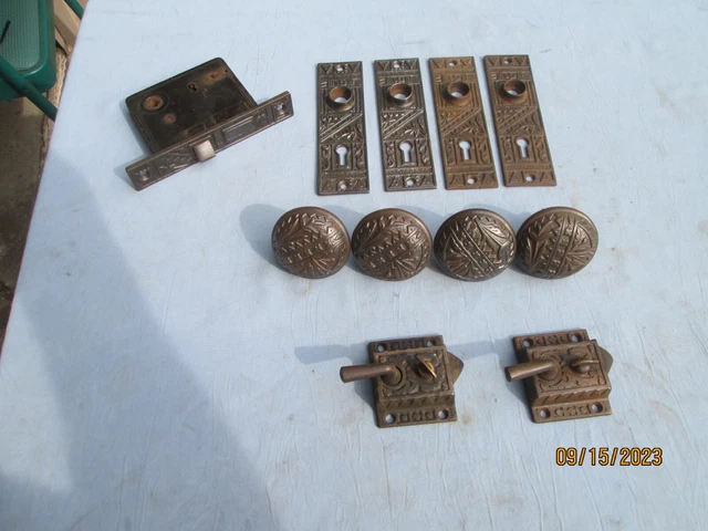 Vtg. Lot Eastlake Victorian Cast Iron Door Knobs, Plates & Door Latches