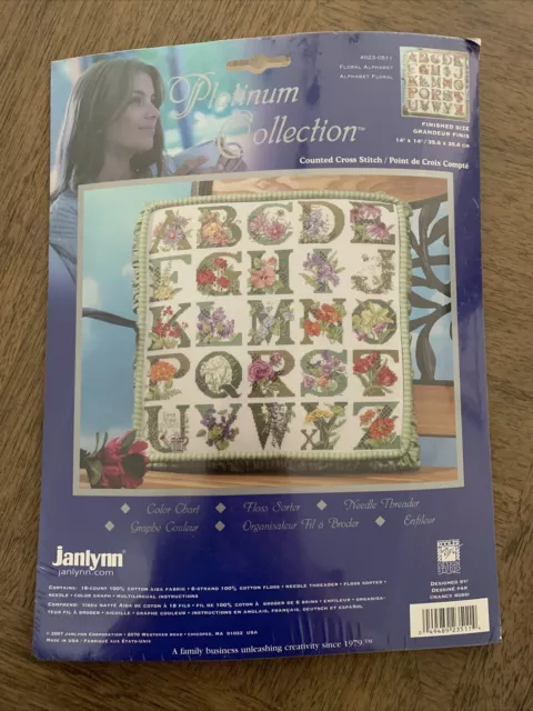 Rare FLORAL ALPHABET 14 X 14 Cross Stitch Kit JANLYNN Platinum Collection