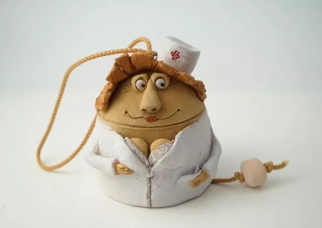 Vintage Small Bell Ceramic Nurse Figurine Wall Decor Handmade Souvenir Clinic