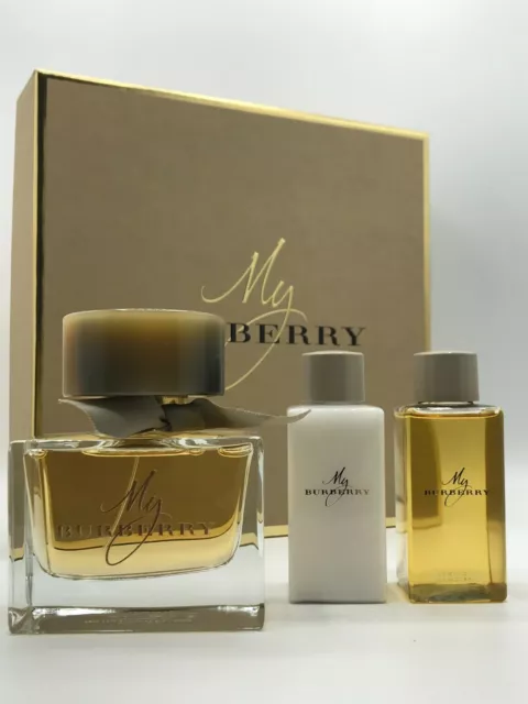 My Burberry 3pc Set Parfum Spray 3.0 oz Body Lotion Bathing Gel 2.6 oz New