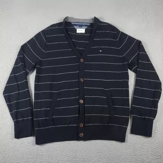 Tommy Hilfiger Cardigan Sweater Mens XL Black Gray Striped Button Up Long Sleeve