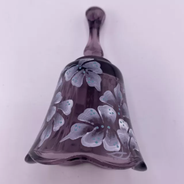 Vintage Purple Fenton Glass Bell Hand Painted Floral Signed 4.5”