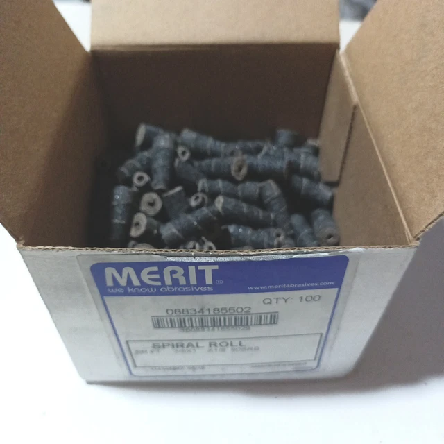 BOX of 92 Merit 3/8” x 1” x 1/8” 80 Grit Full Tapered Spiral Roll. SR FT 80SRB