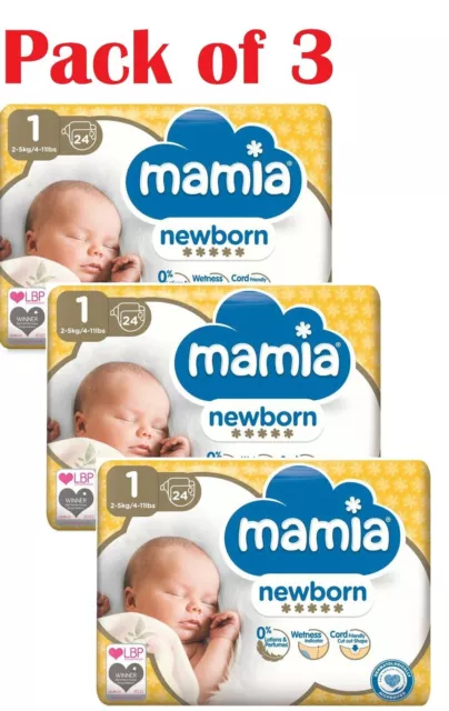 Mamia Baby Newborn Nappies Size 1 (72 Nappies) 2-5kg Nappy Diaper Soft Ultra Dry