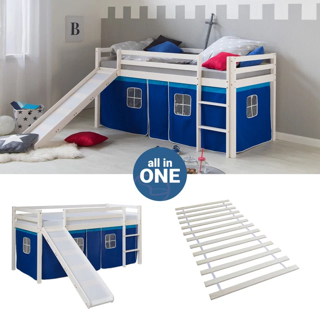 Lit Mezzanine Enfant 90x200 Cm Homestyle4u - Gris Avec Toboggan Et Sommier à Lattes
