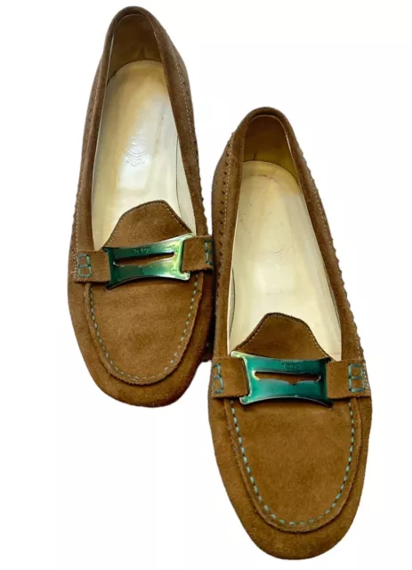 Tod's Womens 9US Tan Suede Green Contrast Trim Penny Loafers Moccasin Shoes