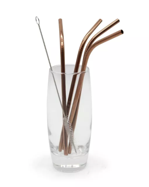 Drinks Straws Rose Gold Stainless Steel Reusable Bent Brush Set Party Club