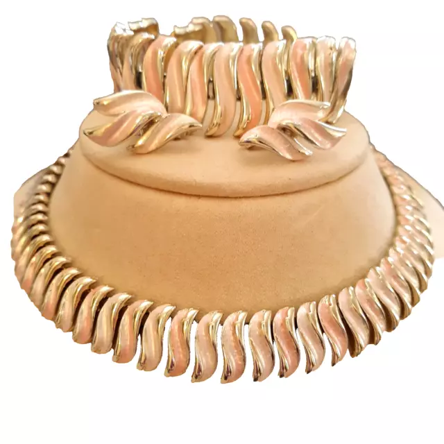 Vintage Coro Pink Enamel Clip Earrings Choker  Necklace Wide Bracelet Set Signed