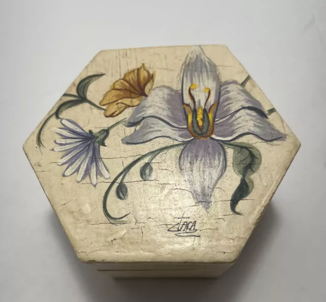 Trinket Box Wooden Hexagon Shaped Hinged  Hand Painted Flowers And Signed