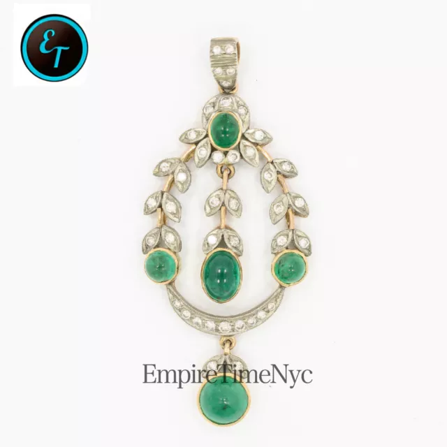 1 KT Smeraldo Capishon Antique Vintage & .60Ct Diamante Ispirato Ciondolo