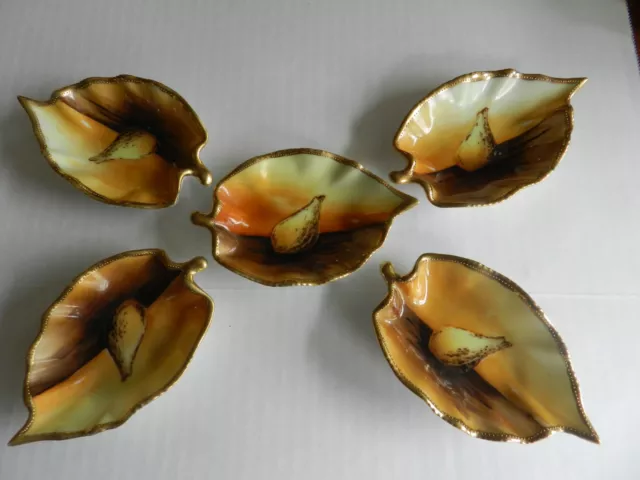 Antique Nippon Hand Painted Gold Trim Leaf Teabag Nut Dish - Beautiful Set of 5 3